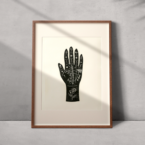 Fate • Palmistry Hand Original Lino Print A3 Black