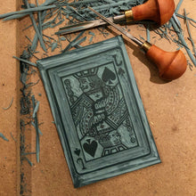 Load image into Gallery viewer, Jack • Playing Card, Jack of Spades Original 4 Layer Lino Cut Print A4 PASTEL ORANGE